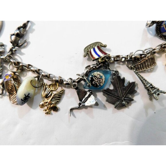 Vintage World Travel Charm Necklace 51 Unique Charms Sterling Silver Mixed Metal - Picture 12 of 15